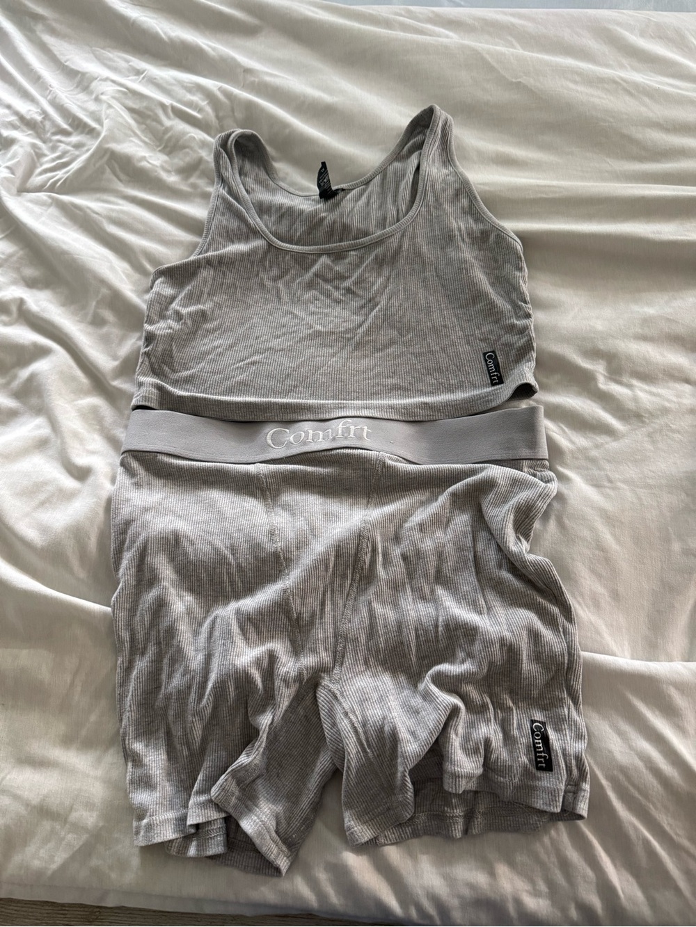 Grey Ribbed Crop Tank Top and Shorts Set -